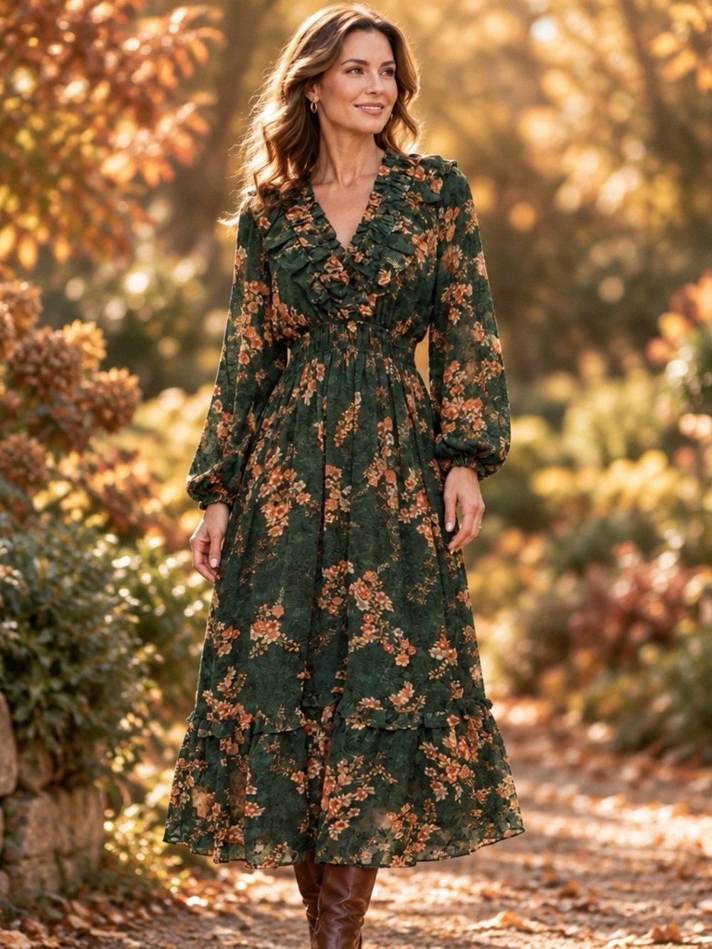 Current Air Green Floral Ruffle Maxi Dress XS Long Sleeve Boho
